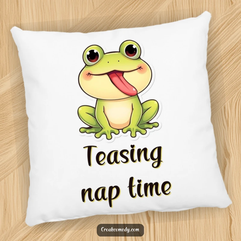 Funny Frog Pillow: A soft cushion featuring a giggling frog with its tongue playfully extended, adding charm and humor, a funny gift.