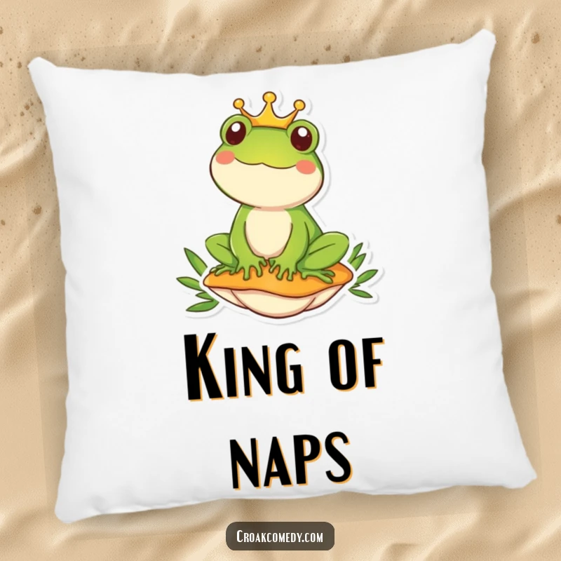 Funny frog wearing a crown sits regally on a mushroom, creating a soft, humorous comfort pillow.
