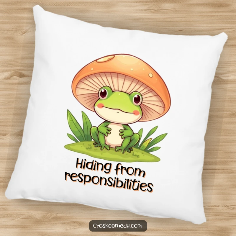 Funny Frog Pillow depicting a frog smiling and peeking from behind a mushroom, perfect for cozying up.