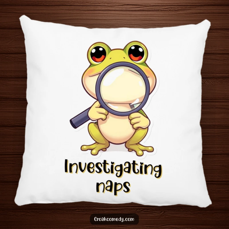 Funny Frog Pillow: A curious cartoon frog looking through a magnifying glass, a soft and humorous decorative item.