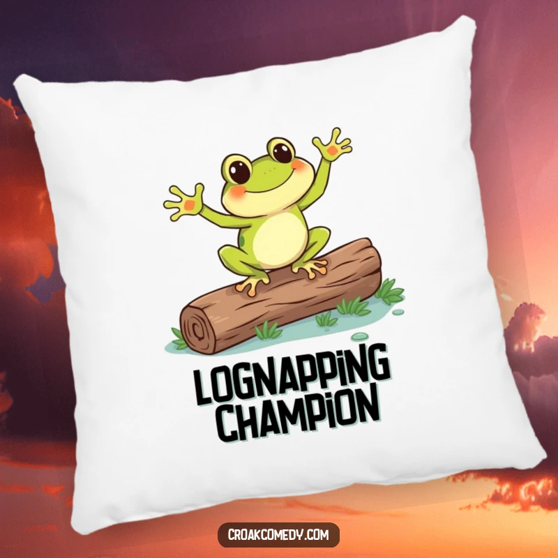 Funny frog dancing on a log, a soft and comfortable pillow that adds a whimsical and humorous touch to any room.