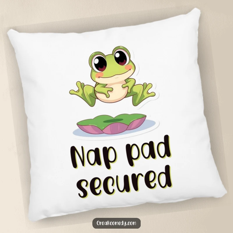 Funny Pillow featuring a cute frog with big eyes leaping over a lily pad, offering plush comfort and a splash of amphibious humor.