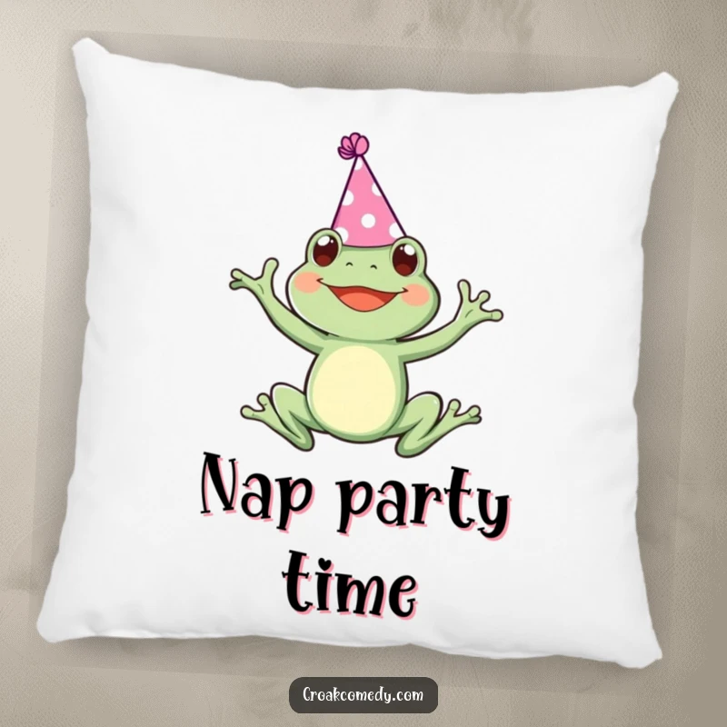 Funny pillow featuring a frog in a party hat, joyfully leaping, designed for comfort and to add a festive touch.