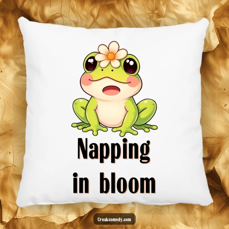 Funny pillow featuring a happy frog with a flower on its head, joyfully croaking, adding charm to decor.