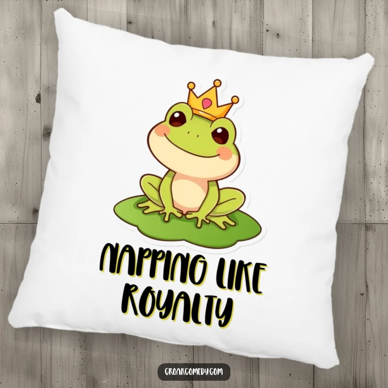 Funny pillow depicting a regal frog wearing a crown on a lily pad, offering comfort with a touch of playful majesty.