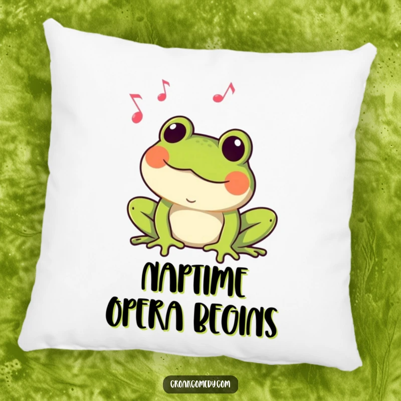 Funny Frog Pillow: A soft cushion featuring a happy frog croaking with musical notes, perfect for adding humor and comfort.