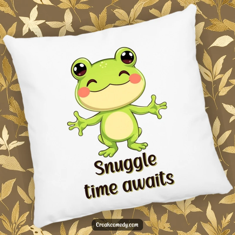 Funny Pillow showing a jubilant frog with arms outstretched, ready to give a comforting and warm hug.