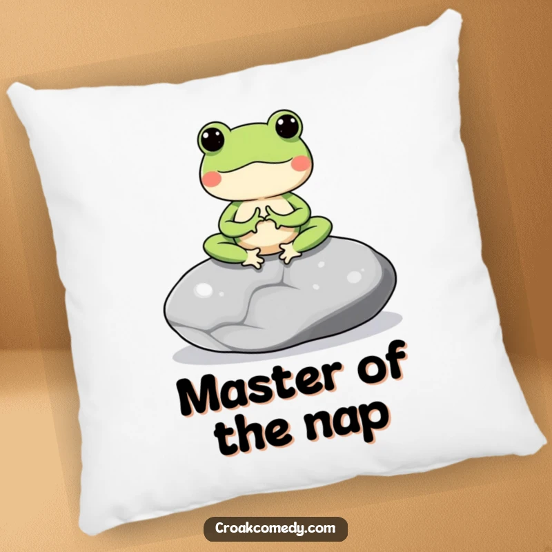 Funny pillow depicting a meditating frog on a smooth stone, offering comfort and a peaceful, calming presence.