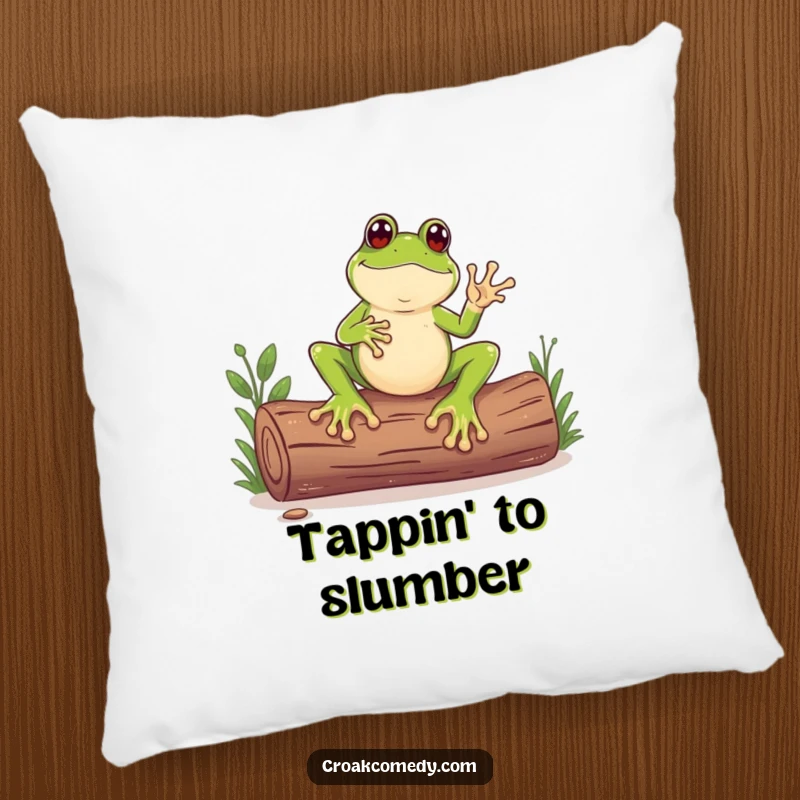 Funny pillow showcasing a frog with exceptionally large feet tapping a log, providing comfortable and humorous decor.