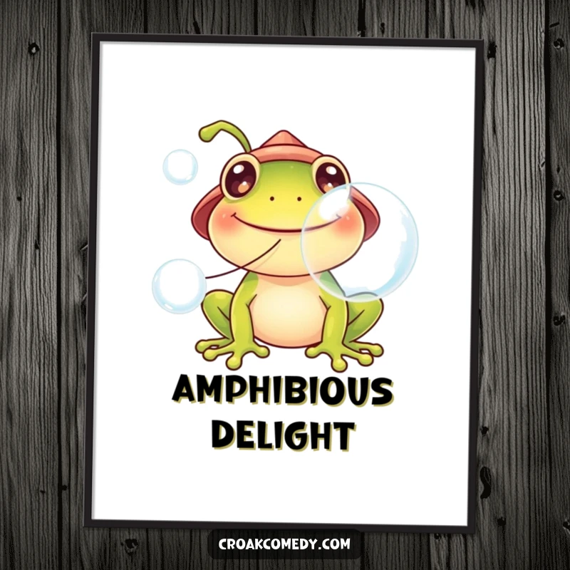 Funny frog digital art print, wearing a hat, blowing large bubbles, full of cheer and lighthearted fun.