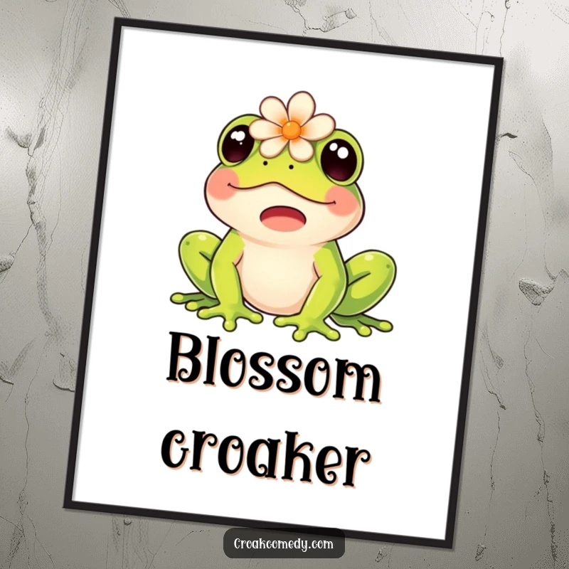 Funny digital art print of a happy frog with a flower on its head, joyfully croaking.