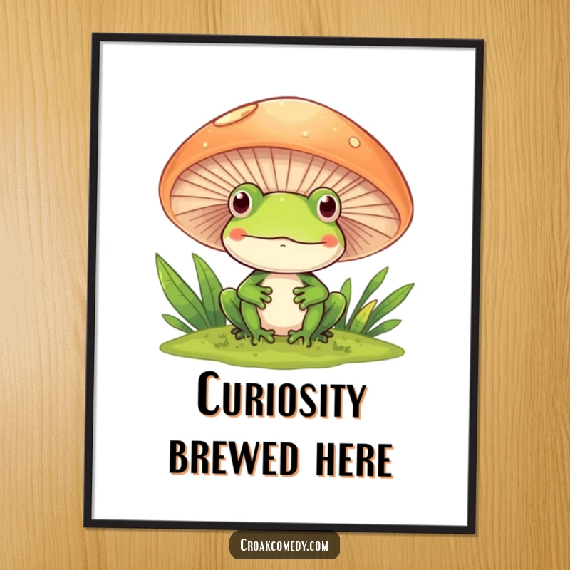 Funny Frog Digital Art Print of a frog peeking from behind a mushroom, evoking curiosity and charm.