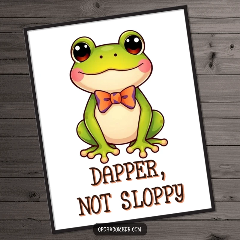 Funny frog wearing a small, colorful bow tie, as a digital art print, enhancing any room with amphibian-themed humor.