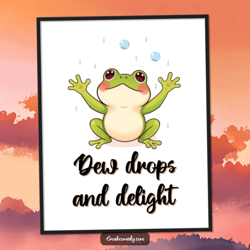 Funny digital art print of a small frog with arms outstretched, joyfully catching raindrops, for decor.