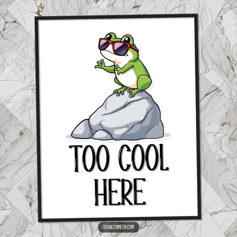 Funny frog wearing sunglasses, balanced on a rock, presented as a high-resolution humorous digital art print.