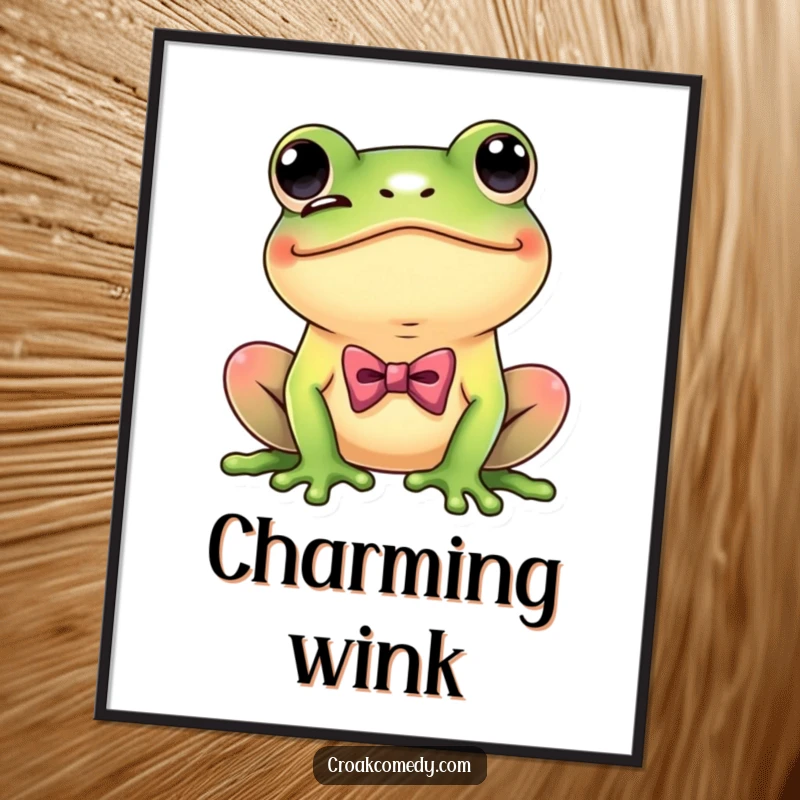 Funny Dapper Frog Digital Art Print of a playful frog with a bow tie, winking coyly, instant humorous decor.