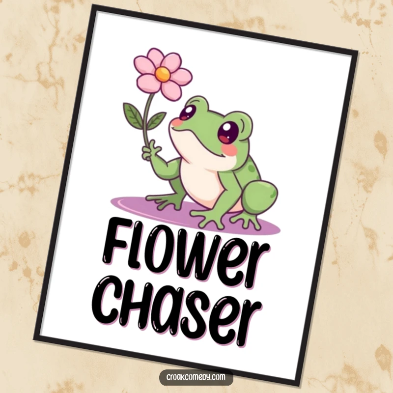 Funny frog with a focused gaze straining towards a floating flower, a high-resolution digital art print for motivational decor.