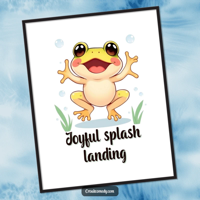 Funny Frog Digital Art Print of an excited frog jumping between dewdrops, full of glee.