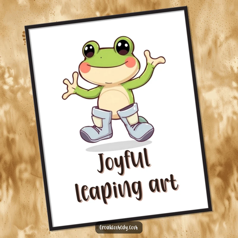 Funny frog digital art, oversized boots, joyful hopping, happy amphibian illustration, nature wall decor, cute cartoon print.