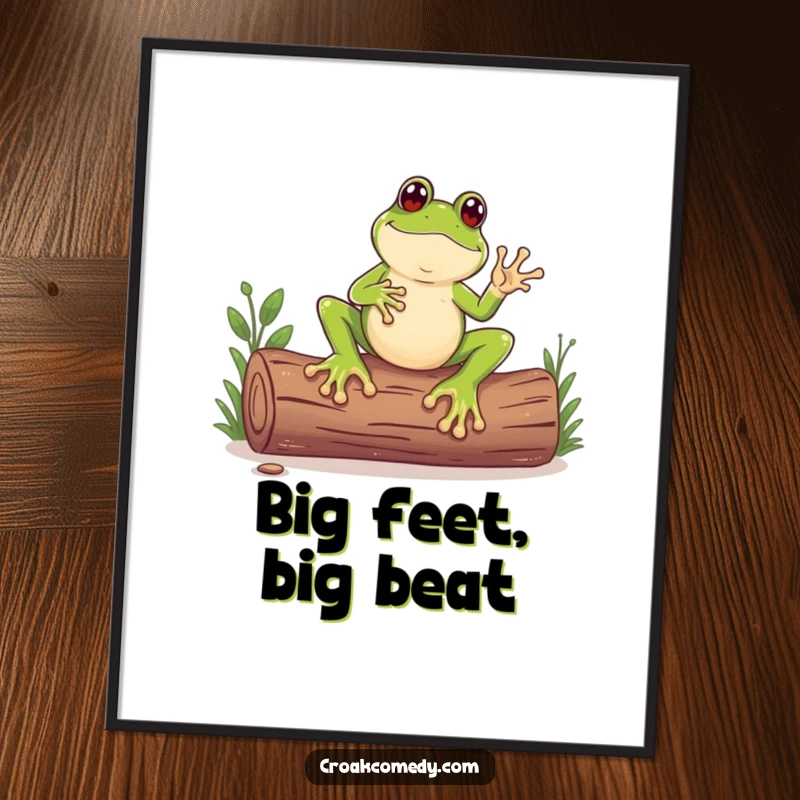 Funny digital art print of a frog with oversized feet rhythmically tapping a log, creating a visual representation of music.