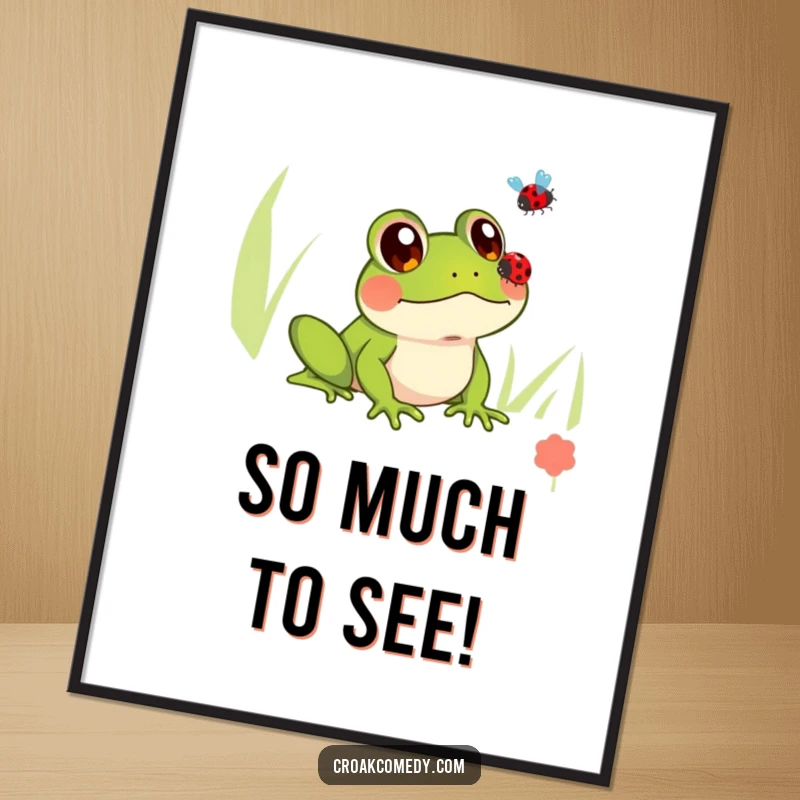Funny digital art print of a frog with innocent, wide eyes observing a ladybug in flight, conveying peace and wonder.