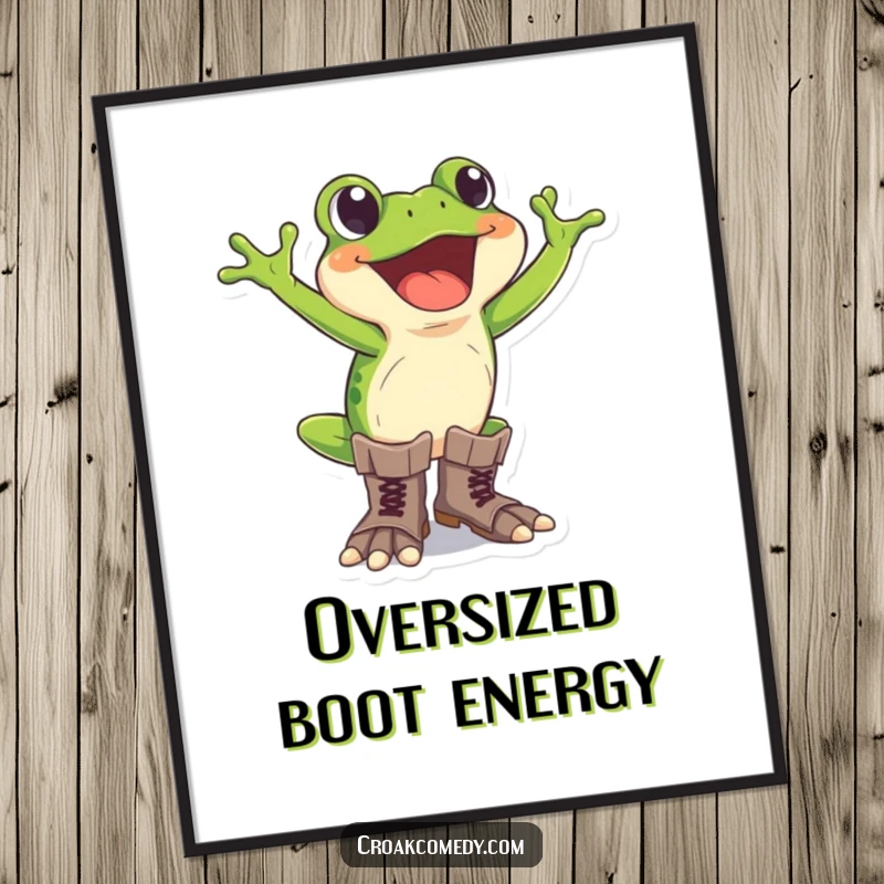 Funny digital art print of an excited frog wearing oversized boots, bringing humorous adventure and charm.