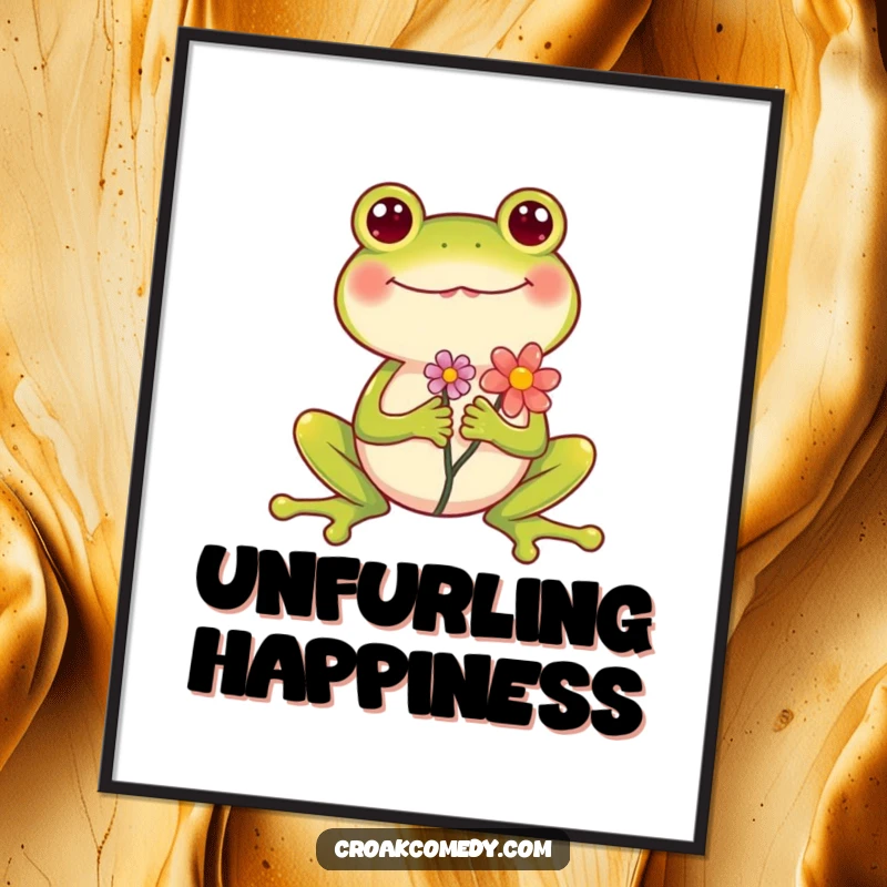 Funny Frog Digital Art Print of a cheerful frog holding a flower, legs spread wide in celebration, instant humorous decor.