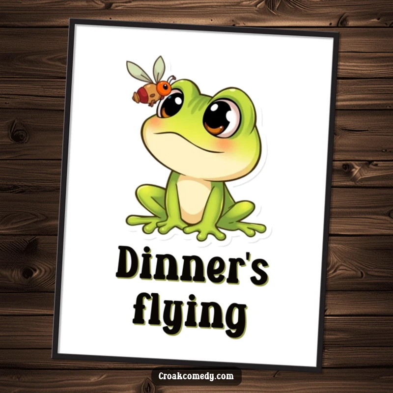 Funny Frog Digital Art: A cartoon frog with comically wide eyes intensely focused on a tiny fly, humorous wall art.