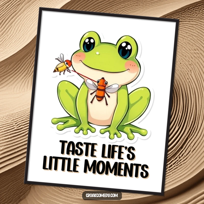 Funny Digital Art Print: A smiling frog balancing a fly on its tongue, creating a comical and quirky visual for instant wall decor.