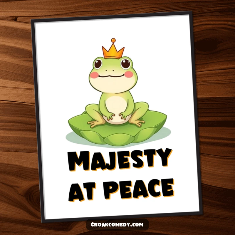 Funny Frog Digital Art Print: A crowned frog majestically riding a lily pad, bringing regal humor and charm to decor, a funny gift.