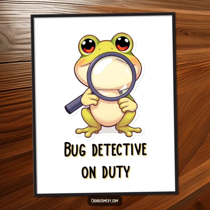 Funny Frog Digital Art: A curious cartoon frog peering intently through a magnifying glass, offering a humorous close-up view.