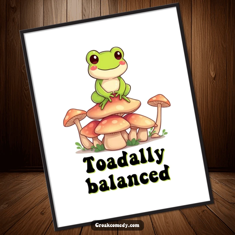 Funny Frog Digital Art: A happy cartoon frog balancing gracefully on a stack of mushrooms, offering serene and humorous wall art.