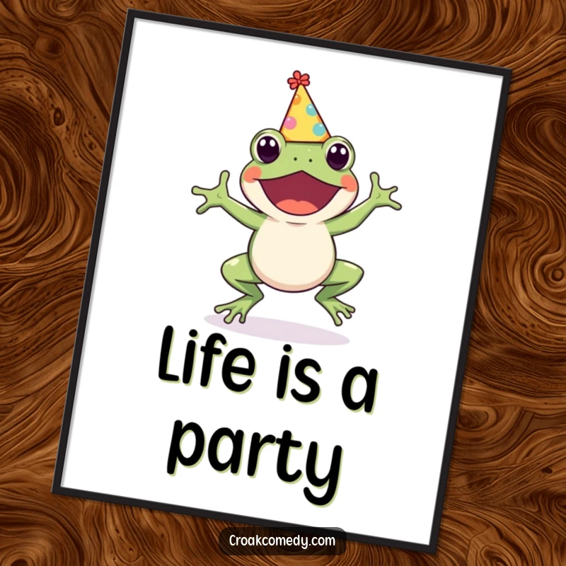 Funny Frog Digital Art Print: A cute frog in a party hat, captured mid-hop with infectious excitement, perfect for instant humorous decor, a funny gift.