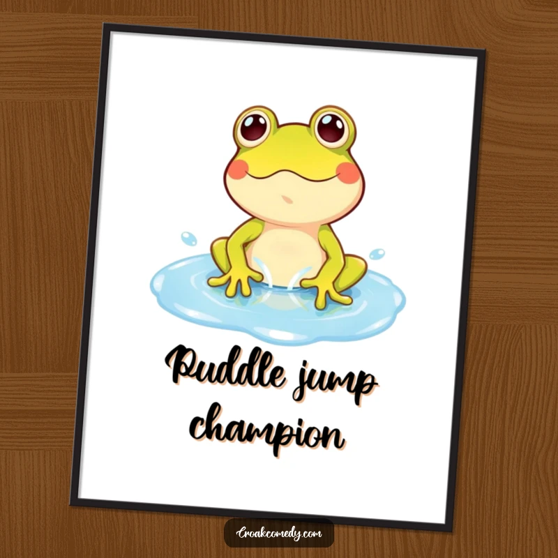 Funny Frog Digital Art: A playful cartoon frog exuberantly splashing in a bright blue puddle, a joyful wall art piece.