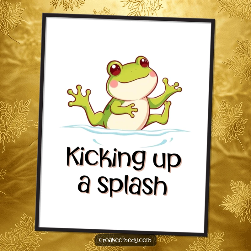 Funny frog digital art print, a happy frog kicking its legs energetically while swimming, creating a lively and amusing visual.