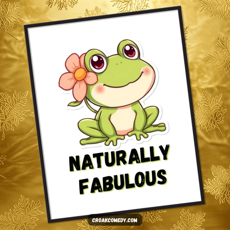 Funny happy frog digital art print, featuring a smiling amphibian with a flower behind its ear.