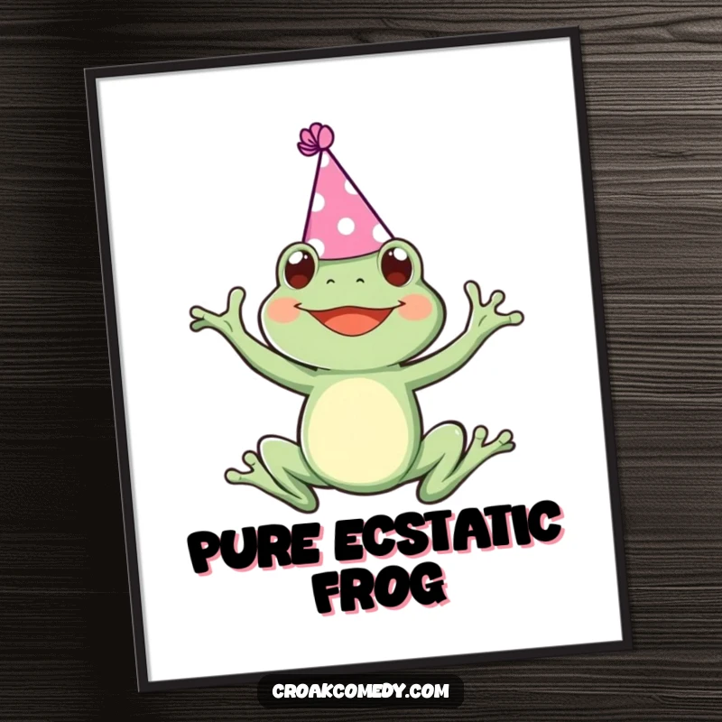 Funny digital art print of a frog wearing a party hat, joyfully leaping with excitement, perfect for festive decor.