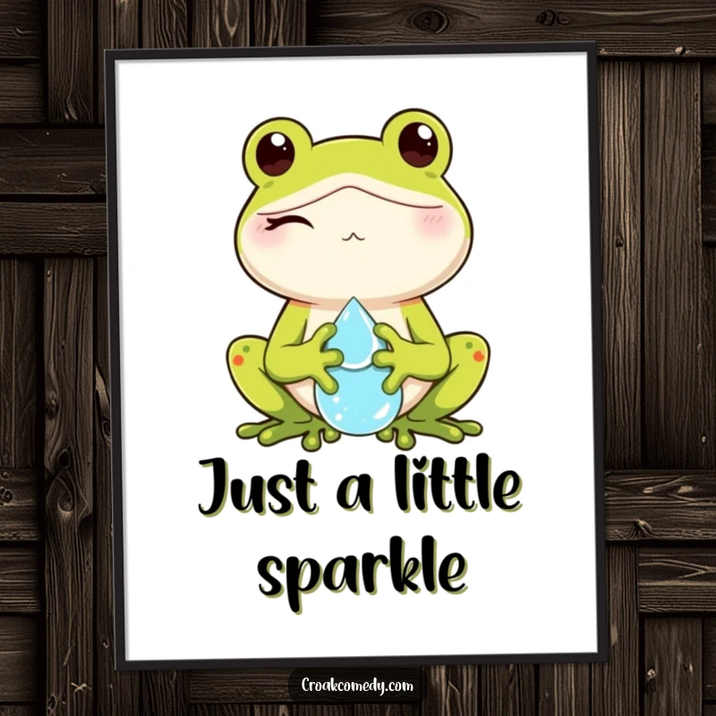 Funny digital art print of a winking frog character holding a dewdrop, perfect for adding playful charm to any space.