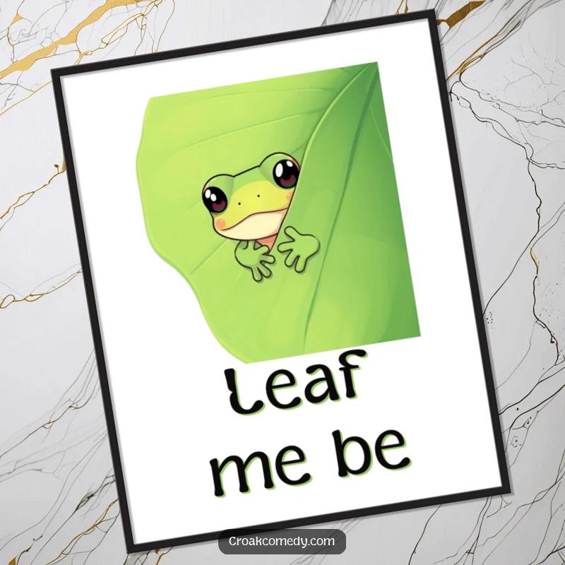 Funny frog peeking from behind a large leaf, a high-resolution humorous digital art print for immediate download.
