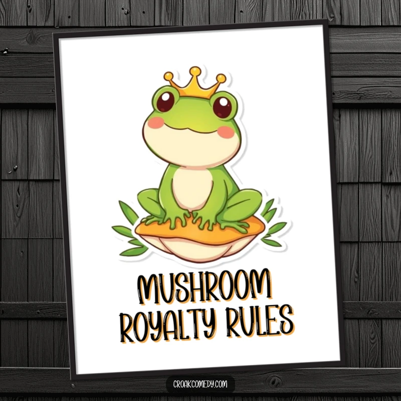 Funny frog wearing a crown sits regally on a mushroom, presented as a humorous and charming digital art print.