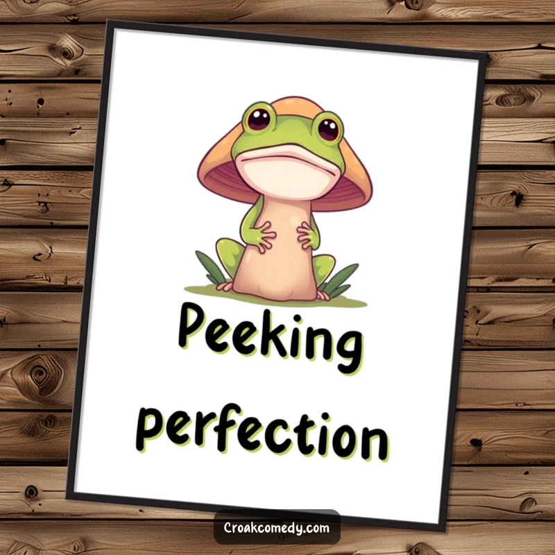 Funny frog digital art print, a curious frog peeking from behind a mushroom, creating a magical and humorous scene.