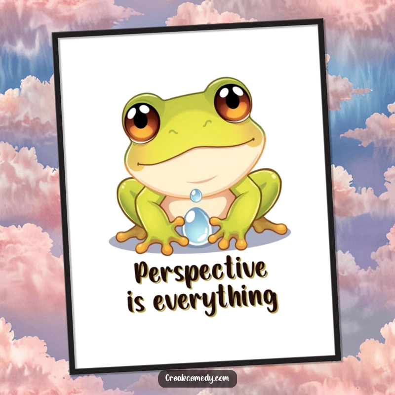 Funny frog digital art print of a curious frog with wide eyes peering into a dewdroplet, perfect for nature lovers.