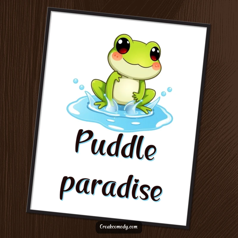 Funny Digital Art Print of a playful frog character splashing in a bright blue puddle, perfect for framing.