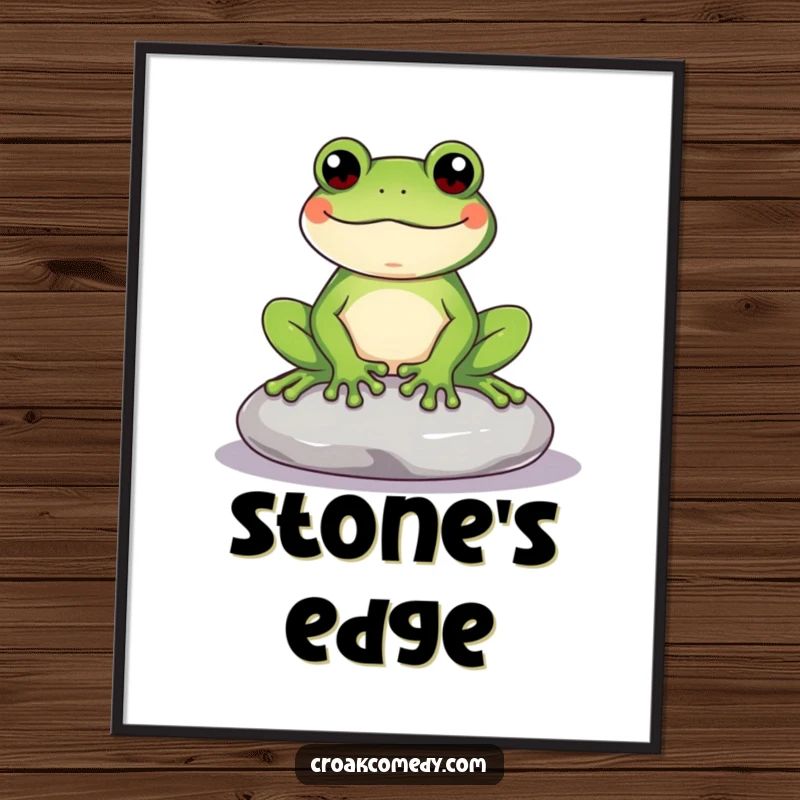 Funny Frog Digital Art Print of a content frog on a stone, offering a humorous and serene aesthetic for instant, downloadable wall decor.