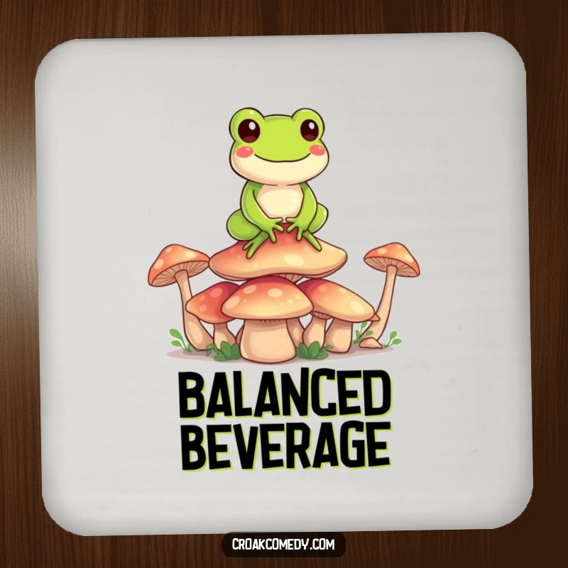 Funny Frog Coaster: A happy frog balancing on mushrooms, a humorous and protective accessory for drinks.