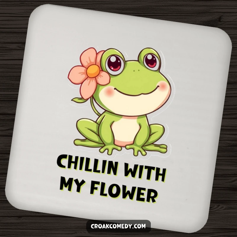 Funny happy frog coaster showcasing a cheerful amphibian wearing a flower behind its ear.