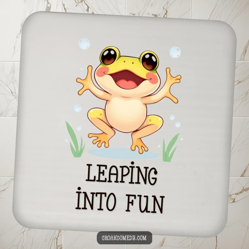 Funny Frog Coaster depicting an excited frog jumping between dewdrops, bringing joy to tabletops.