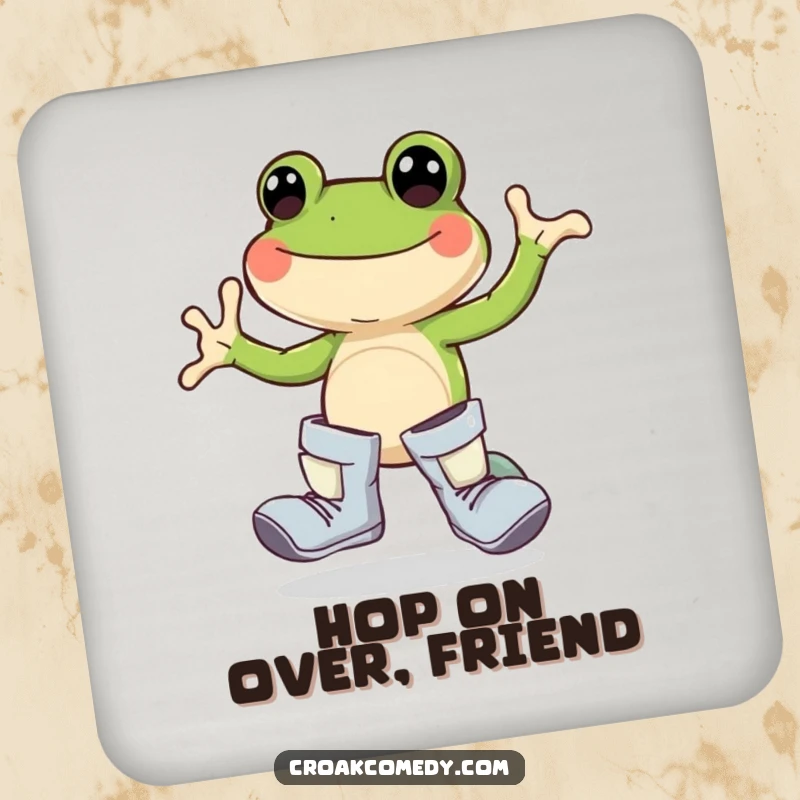 Funny frog coaster, oversized boots, joyful hopping, amphibian decor, nature accessory, cute cartoon coaster.