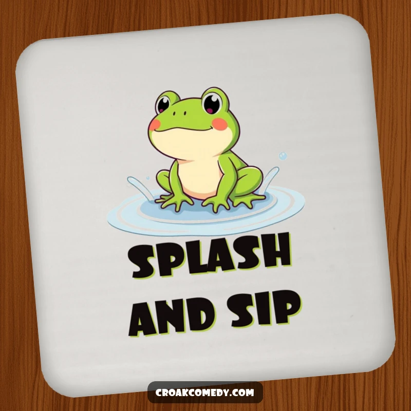 Funny frog drink coaster showing a frog splashing in a puddle. A humorous and protective gift for any table.