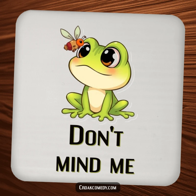 Funny Frog Coaster: Cartoon frog with wide eyes staring at a fly, a humorous and protective drink accessory.